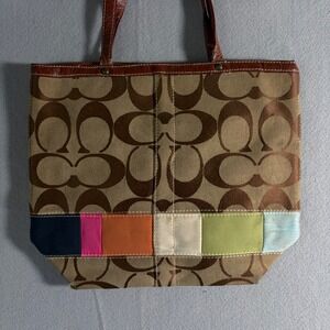 Coach Signature Patchwork Tote Bag Brown Tan Multi Color C06Q-1086 Small Handbag
